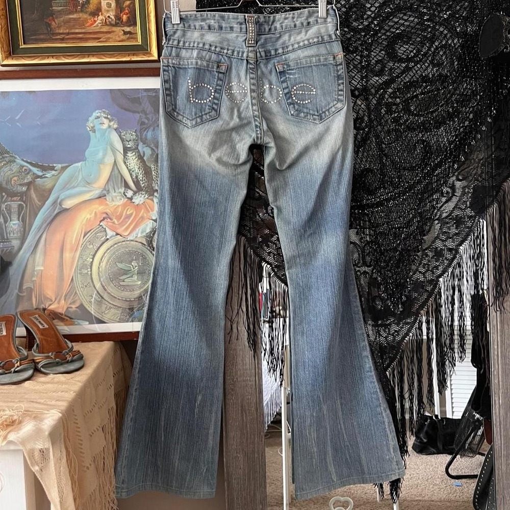 Bebe Y2K Low Rise Flare Jeans Pink Rhinestone Bedazzled Ripped Blue Denim 28 - Picture 2 of 6